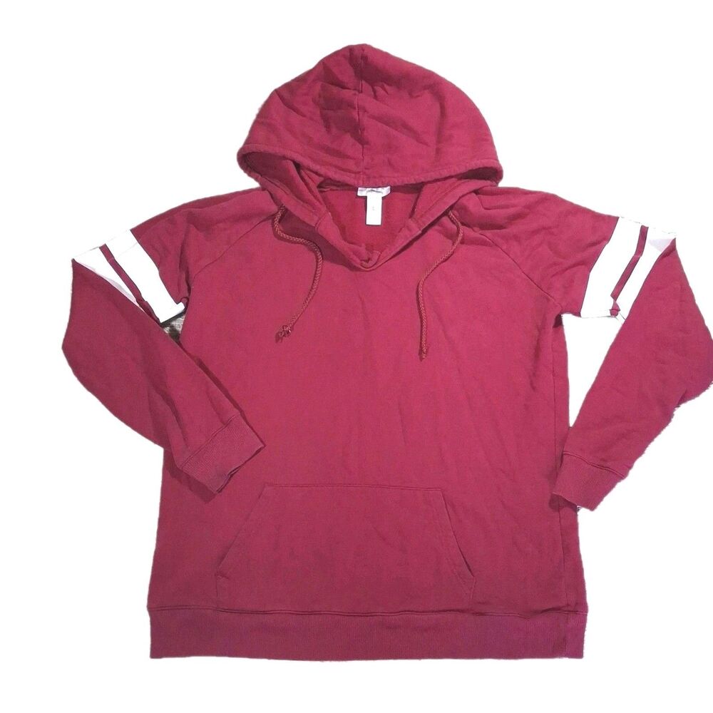 JUST BE Women Hoodie Sweatshirt Large L Maroon Burgundy White Sleeve Stripe Pull